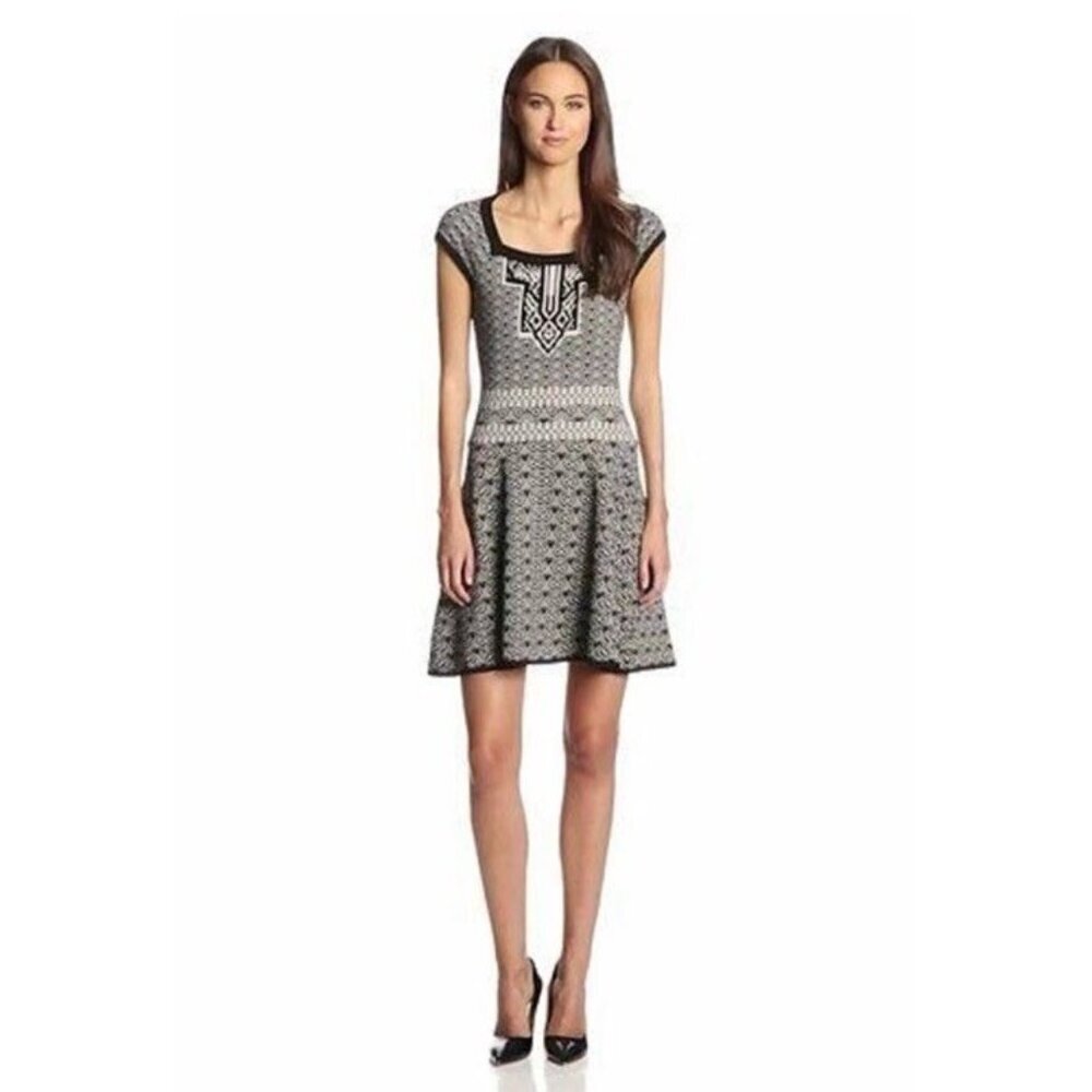 Nanette Lepore Women's Sz S No Regrets Cream & Black Fit & Flare Sweater Dress